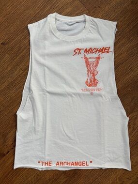 Cut Out Sides White Muscle Tank with Orange Graphic St.Michael